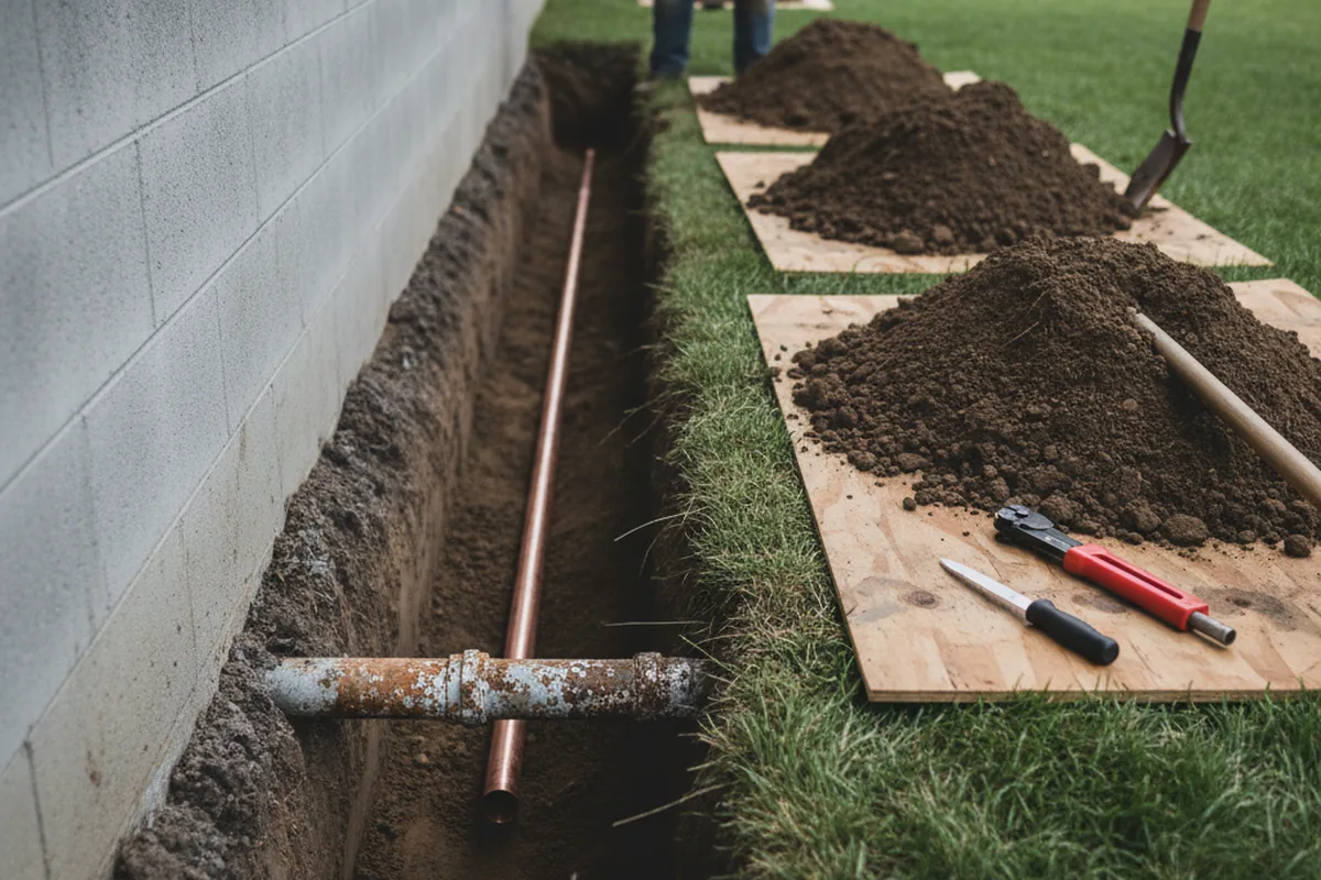 Excavated water line trench during Water Softener Installation in Cohasset